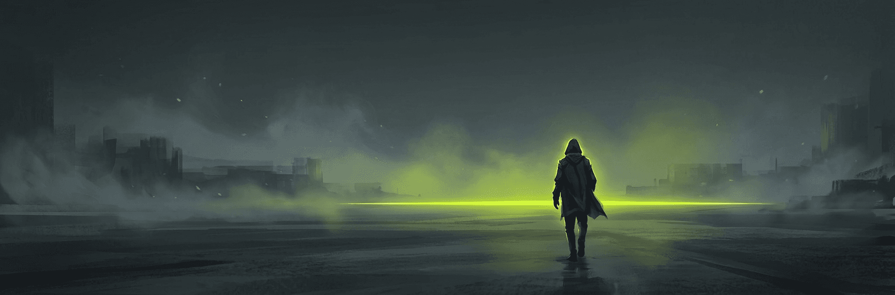 A hooded figure walking toward a volt-green horizon